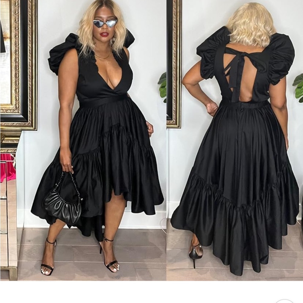 Elegant Black Puff-Sleeve Midi Dress with Open-Back Tie